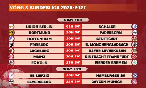 Lịch thi đấu vòng 3 Bundesliga 2026-2027