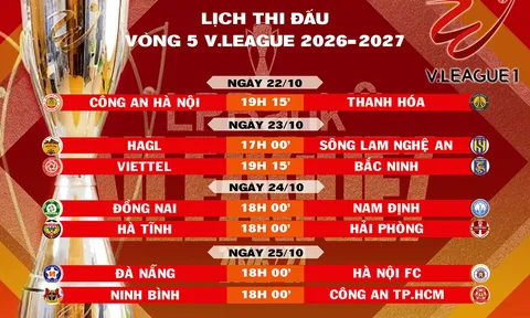 Lịch thi đấu vòng 5 V.League 1 2026-2027