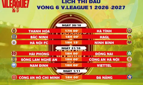 Lịch thi đấu vòng 6 V.League 1 2026-2027