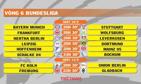 Lịch thi đấu vòng 6 Bundesliga (ngày 10,11/9)