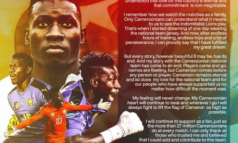 Thủ môn Andre Onana chia tay đội tuyển Cameroon