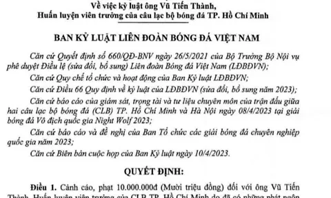 Huấn luyện viên Vũ Tiến Thành không có quyền khiếu nại?