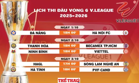 Lịch thi đấu vòng 6 V.League 2025-2026