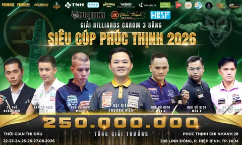 Nhà vô địch Giải Billiards Carom 3 băng Siêu cúp Phúc Thịnh 2026 nhận phần thưởng trị giá 100 triệu đồng