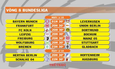 Lịch thi đấu vòng 8 Bundesliga (ngày 1,2/10)