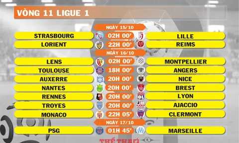 Lịch thi đấu vòng 11 Ligue 1 (ngày 15,16,17/10)