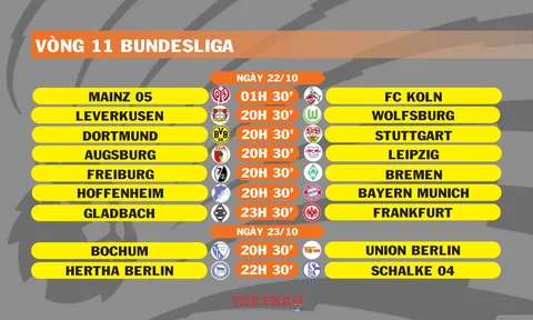 Lịch thi đấu vòng 11 Bundesliga (ngày 22,23/10)