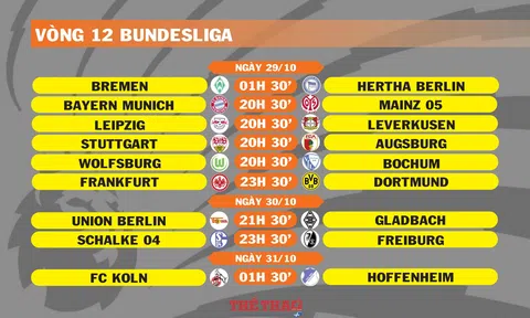 Lịch thi đấu vòng 12 Bundesliga (ngày 29,30,31/10)