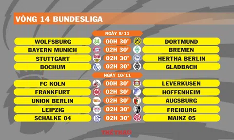 Lịch thi đấu vòng 14 Bundesliga (ngày 9,10/11)