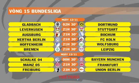 Lịch thi đấu vòng 15 Bundesliga (ngày 12,13/11)