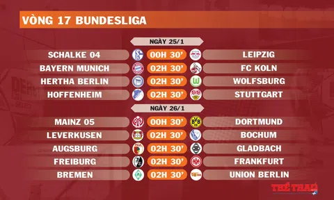 Lịch thi đấu vòng 17 Bundesliga (ngày 25,26/1)