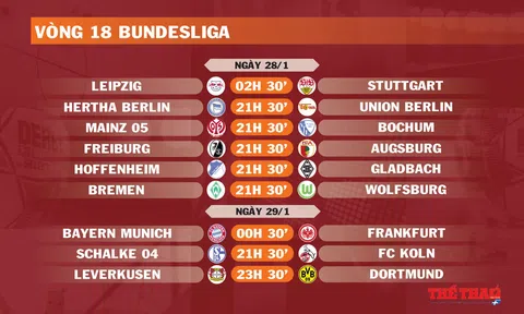Lịch thi đấu vòng 18 Bundesliga (ngày 28,29/1)