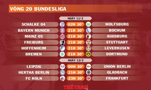 Lịch thi đấu vòng 20 Bundesliga (ngày 11,12/2)