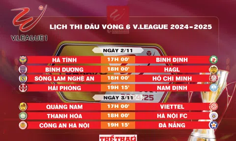 Lịch thi đấu vòng 6 V.League 2024-2025