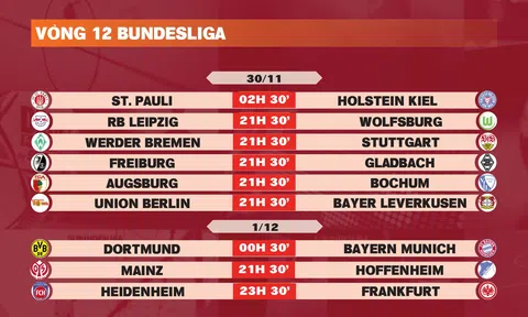 Lịch thi đấu vòng 12 Bundesliga 2024-2025