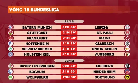 Lịch thi đấu vòng 15 Bundesliga 2024-2025