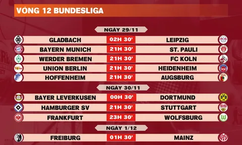 Lịch thi đấu vòng 12 Bundesliga 2025-2026