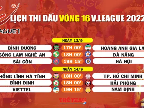 Lịch thi đấu vòng 16 V.League (ngày 13,14/9)