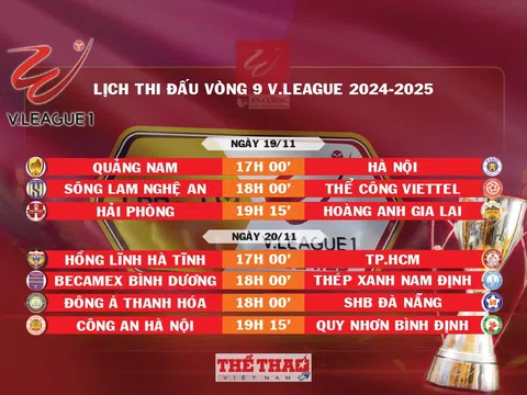 Lịch thi đấu vòng 9 V.League 2024-2025