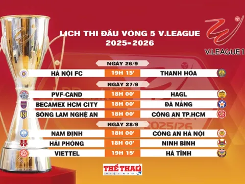 Lịch thi đấu vòng 5 V.League 2025-2026