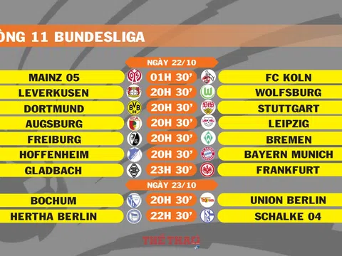 Lịch thi đấu vòng 11 Bundesliga (ngày 22,23/10)