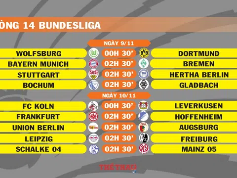 Lịch thi đấu vòng 14 Bundesliga (ngày 9,10/11)