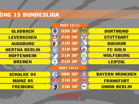 Lịch thi đấu vòng 15 Bundesliga (ngày 12,13/11)
