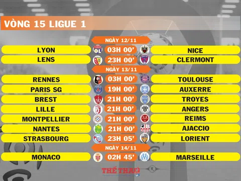 Lịch thi đấu vòng 15 Ligue 1 (ngày 12,13,14/11)