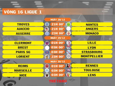 Lịch thi đấu vòng 16 Ligue 1 (ngày 28,29,30/12)