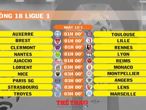 Lịch thi đấu vòng 18 Ligue 1 (ngày 12/1)