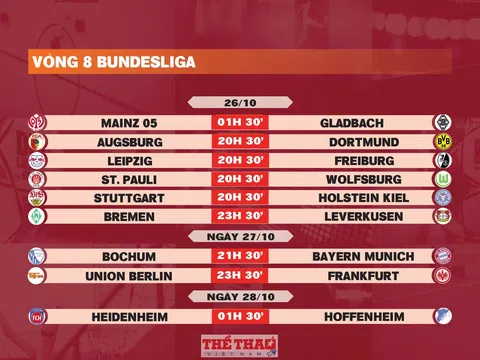 Lịch thi đấu vòng 8 Bundesliga 2024-2025