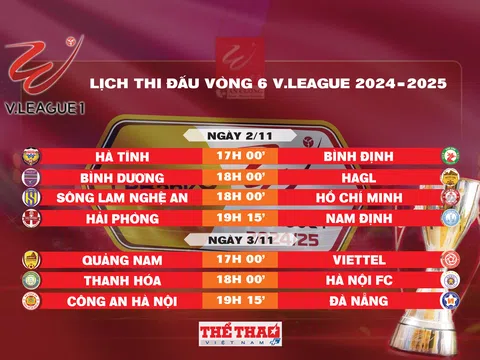 Lịch thi đấu vòng 6 V.League 2024-2025