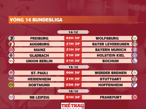 Lịch thi đấu vòng 14 Bundesliga 2024-2025