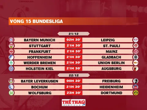 Lịch thi đấu vòng 15 Bundesliga 2024-2025