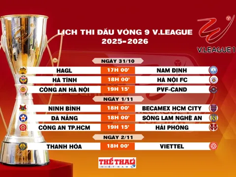 Lịch thi đấu vòng 9 V.League 2025-2026