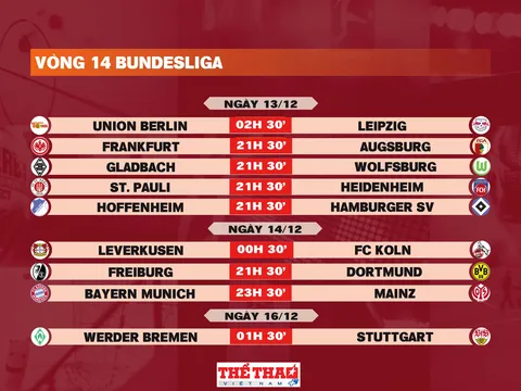 Lịch thi đấu vòng 14 Bundesliga 2025-2026