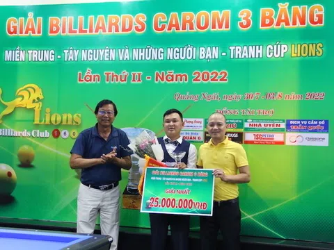 Giải Billiards Carom 3 băng miền Trung - Tây Nguyên mở rộng 2022: Thới Hoàng Huân đánh bại Dương Anh Vũ lên ngôi vô địch