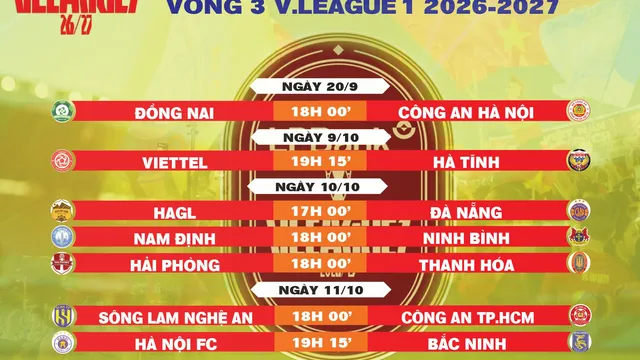 Lịch thi đấu vòng 3 V.League 1 2026-2027