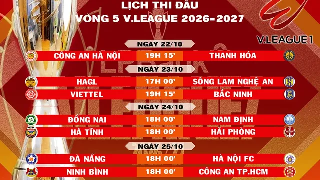 Lịch thi đấu vòng 5 V.League 1 2026-2027