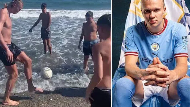 Haaland chơi bóng với thiếu niên địa phương trên bãi biển Marbella 